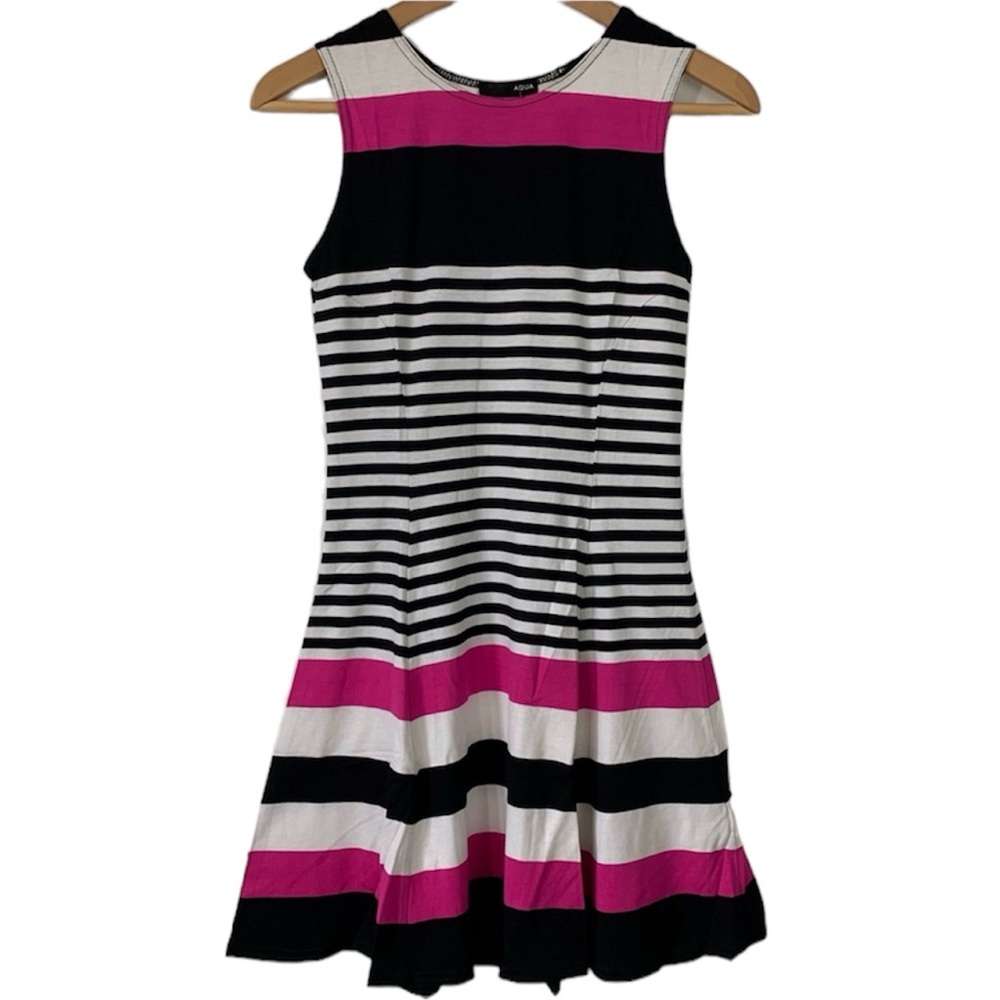 AQUA Black Pink White Striped Sheath Tank Dress
